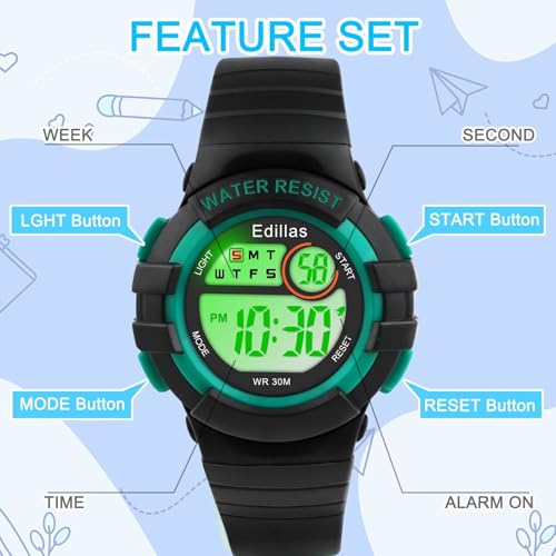 Image of Edillas Kids Digital Watch with 7 Color LED Light, Kids Toys Wristwatch, Children's Jewelry,School Gifts for Boys Girls, Built-in Battery, Long Lasting Batteries. (Black)
