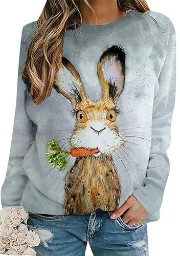 Image of Women's Easter Basic Sweatshirt Crew Neck Long Sleeve Sweatshirt Casual Loose Sweatshirt with Rabbit Print