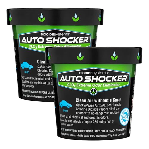Biocide Systems Auto Shocker Strong Car Odor Eliminator, Eco-Friendly ClO2 Odor Remover for Tough Odors in Vehicle Interiors, Up to 250 Cubic Feet (2-Pack)