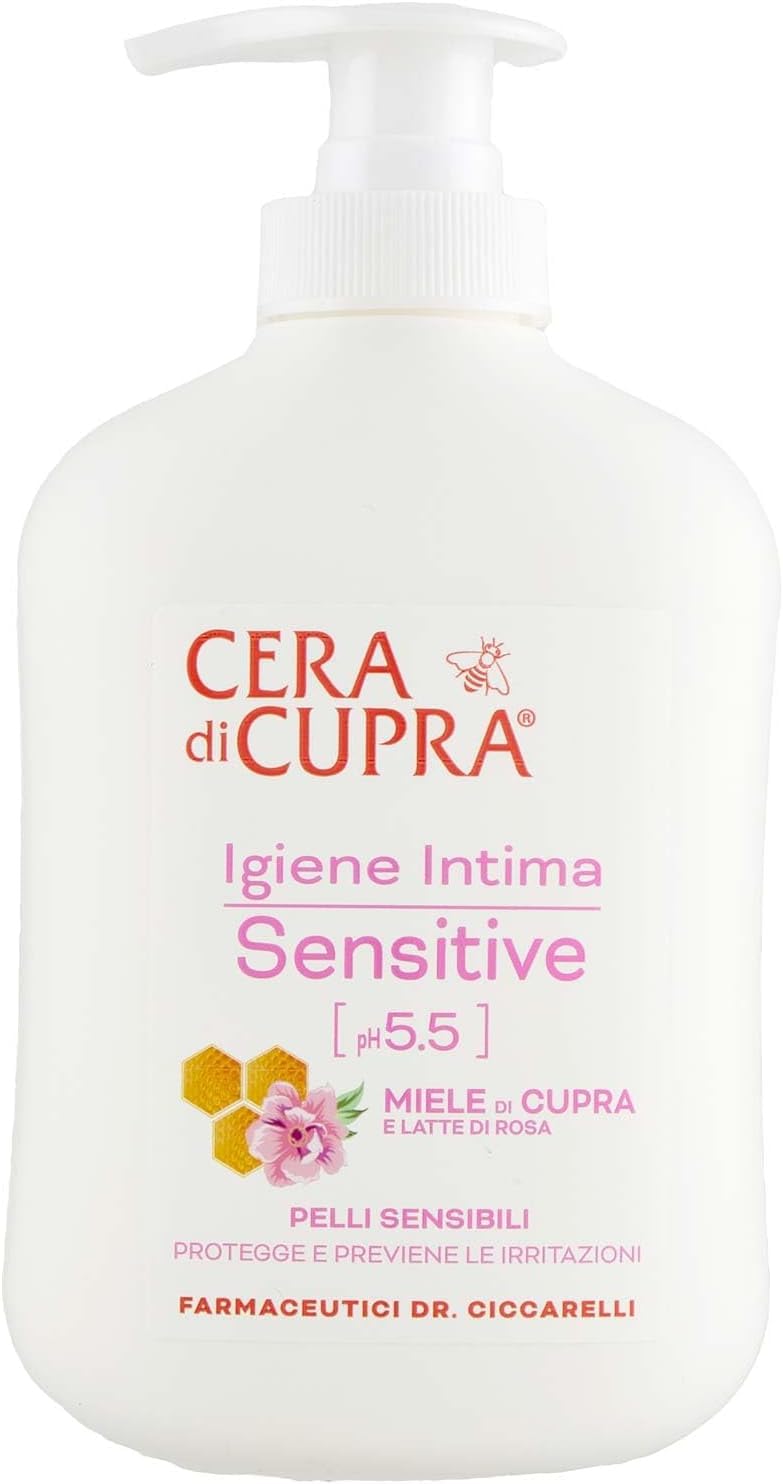 Cera di Cupra Igiene Intima Sensitive, lozione per lavaggio intimo, pH 5.5, con miele e latte di rosa, 250 ml, confezione da 12, + Italy shop portachiavi gratuito