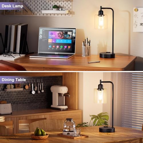 Innqoo 3-1 Industrial Touch Table Lamps For Bedrooms Set Of 2 - 3-Way Dimmable Nightstand Lamps With Usb C+A Ports And Outlet, Black Bedside Lamps With Glass Shade For Living Room, Desk Lamps thumb #5
