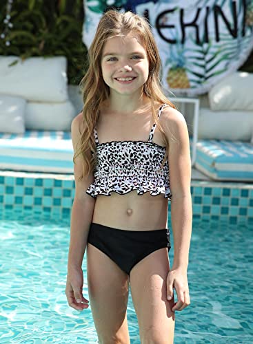Shekini Girls Ruffle Trim Bandeau Bikini Shirred Bandeau Two Piece Swimsuits (12-14 Years, Black) #TOP1