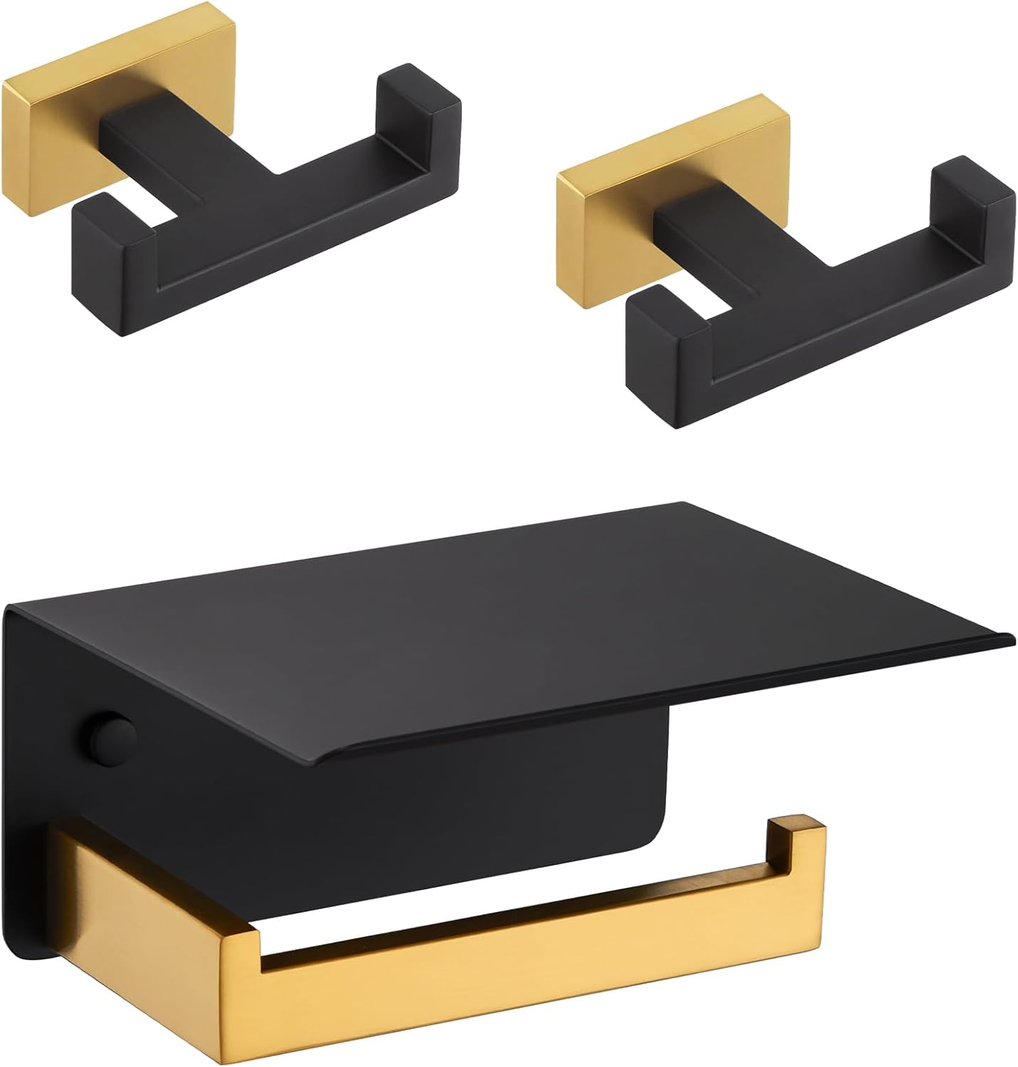 APLusee Black Gold Toilet Paper Holder with Shelf, Towel Hook 2 Pack Bundle, Wall Mounted