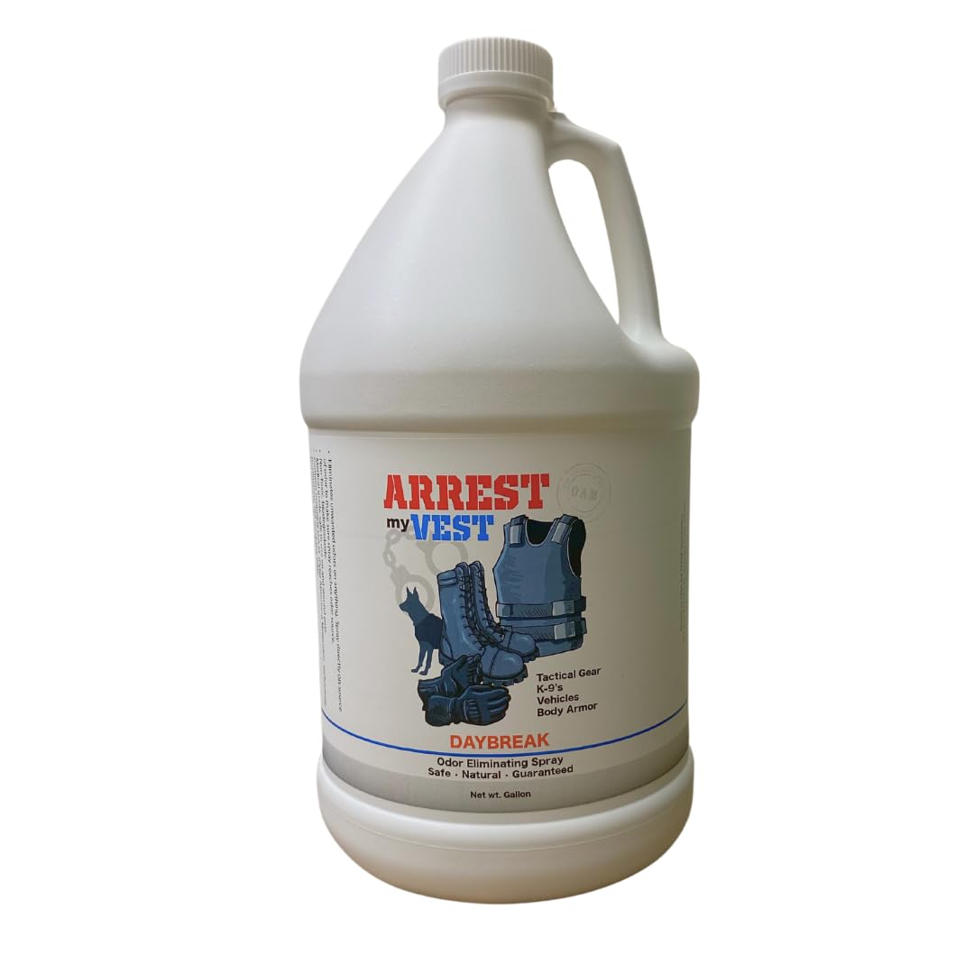 Arrest My Vest Military Grade Odor Eliminating Spray for Body Armor, Tactical Gear, and K9 Equipment. Safe on All Ballistic Vests, Fabrics, & Police Gear - Daybreak Fragrance - 1 Gallon Bottle