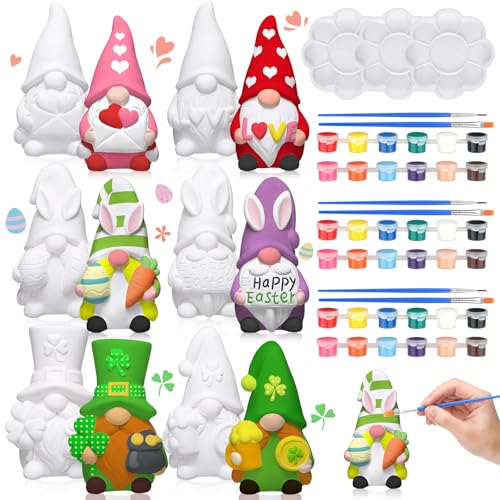 VioraWhite 6 Pack Ready to Paint Your Own Valentine's Day/Easter/st. Patrick's Day Gnome Statues 4 Inches Mini Unpainted Gnome Figurines Heart Lucky Egg Style DIY Blank Ceramics to Paint for Table