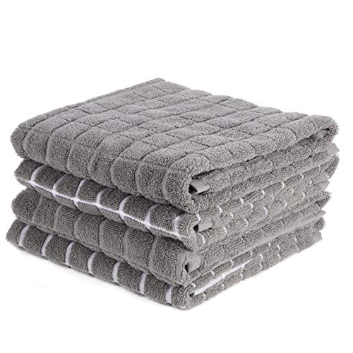 samsto Grey Tea Towels, Kitchen Towels Cotton, Tea Towels for Kitchen with Hanging Loops, 45x65cm, Kitchen Towels Set of 4