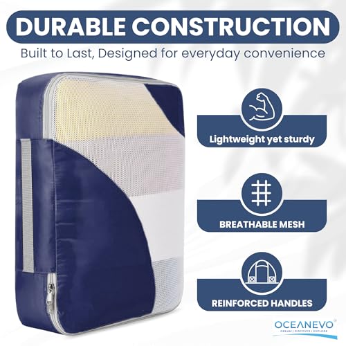 Image of OCEANEVO Set of 10 Pcs Packing Cubes for Travel | Includes Luggage Tag and Toothbrush Holder | Suitcase Organizer for Travelling for Clothes, Shoes and Lingerie | Model 3.0 - Navy Blue-1Year Warranty