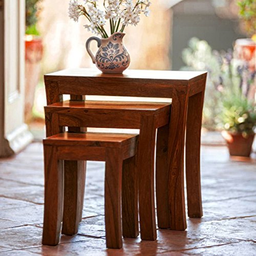 Image of Custom Decor Carissa Solid Wood Stool Set of 3 Nesting Bedside Tables - Indian Sheesham Wood Furniture (Mahogany Color)
