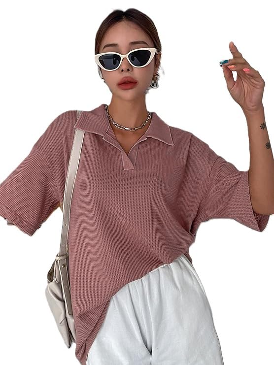 Image of Zilcon Womens Half Sleeve Oversized Tshirt for Woman Trendy Casual V Neck Summer Collared Preppy Tops Fashion Loose Fitted Western Tops for Women Stylish
