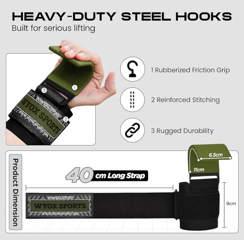 Image of WYOX Weight Lifting Hooks for Men & Women - Heavy Duty Gym Hooks with 8mm Padded Wrist Support Grips to Lift Heavier, Reduce Grip Fatigue & Improve Performance for Deadlifts, Pull Ups & Rows, Pair of 2