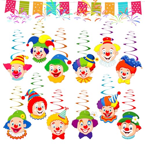 KERYBW Grinalda de palhaço para carnaval, 12 unidades, em espiral, com design de palhaço, serpentinas para pendurar no teto, decoração de festa para carnaval, decoração de circo