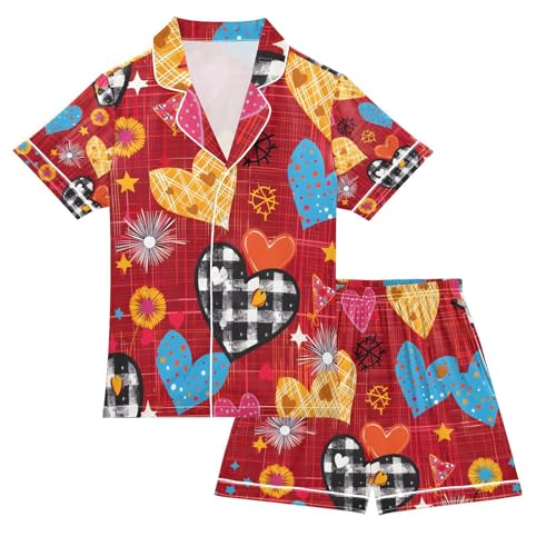 senya Colorful Hearts with Hounds Tooth Satin Summer Pajama Sets Silk Short Sleeve Button Down Sleepwear
