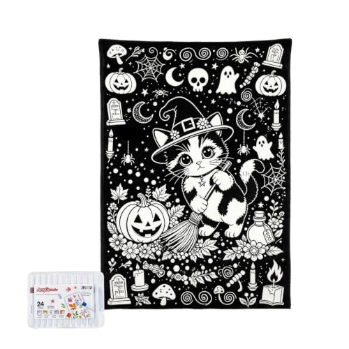 50x59 Inch Black Witch Cat Coloring Blanket for Adults Halloween Decor,A