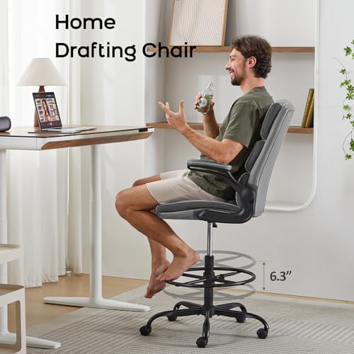 Image of Drafting Chair Tall Office Chair with Padded Flip-up Armrests Executive Ergonomic Computer Standing Desk Chair with Comfortable Leather Backrest and Adjustable Footrest Ring (Gray)