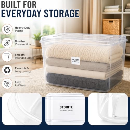 Image of Storite 4 Pcs 45L Plastic Storage Box with Lid-Stackable Organizer Box | Storage Box for Clothes, Kids Toys, Kitchen - Plastic Storage Container Basket for Home, Office, Bathroom(Transparent)