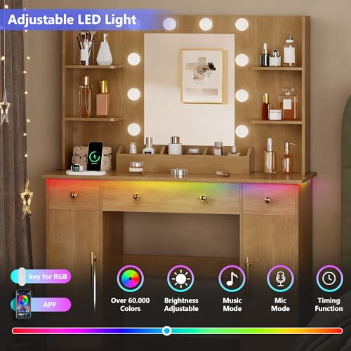 Image of HUANLEGO Vanity Desk with Mirror and Lights, Makeup Vanity with Mirror and LED Lights & Power Outlet, 3 Drawers and Cabinets, 3 Lighting Modes Dressing Table Set for Girls Women Bedroom,Oak