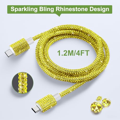 Image of HianDier USB C Cable 3A USB C to USB C Fast Charging Cable Women 4FT Sparkling Bling Diamond Type C Charger Cord for iPhone 16 15 Pro Max Samsung Galaxy S24 iPad Pro 2020, iPad Air 5 4-Lemon Yellow