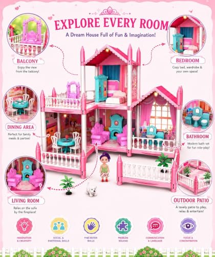 Image of Luxury Multi-Level Doll House Playset for Kids with Furniture & Accessories | DIY Pretend Role Play Villa House Toy Set for Girls & Boys Age 6+ Years (4ROOM Doll House)