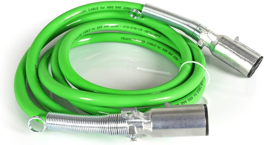 INIONE 7 Way Plug Straight Cable Assembly, 12 FT ABS and Power Green Pure Copper Cord Wire Cable for Tractor Trailer Semi Truck