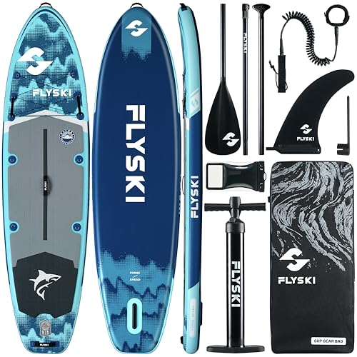 Image of Flyski 11'x34 Ultra Wide Paddle Board, Inflatable Paddle Board&420lb Capacity for All Skill, Inflatable Paddle Board for Adults, Yoga /Family /Fishing Paddle Board, Anti-Slip Deck, US Fin, Pump,100L Bag