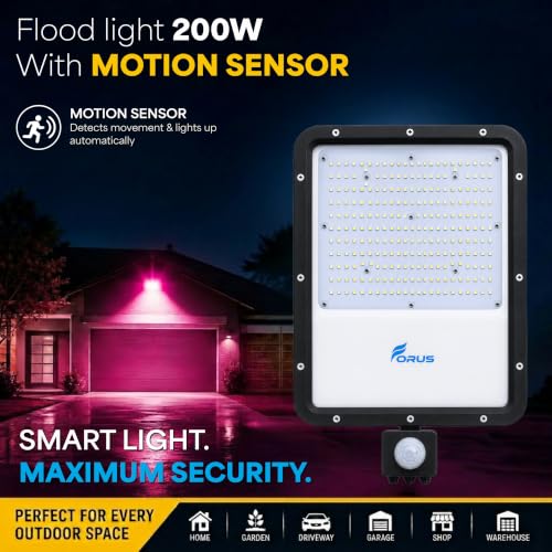 Image of Forus 200W LED Flood Light Pink with Motion Sensor Auto On Off Day Night Mode Waterproof Outdoor Security Light for Garden Parking Garage Factory Warehouse High Bright Floodlight 4Yr Warranty-1Pc