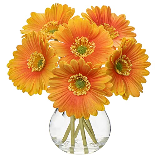 Briful Gerbera Daisy Artificial Flowers With Vase, Fake Daisy Flowers In Glass Vase With Faux Water, Real Touch Silk Faux Flowers With Stem For Home Bookshelf Tabletop Bathroom Decorations,Orange #TOP7