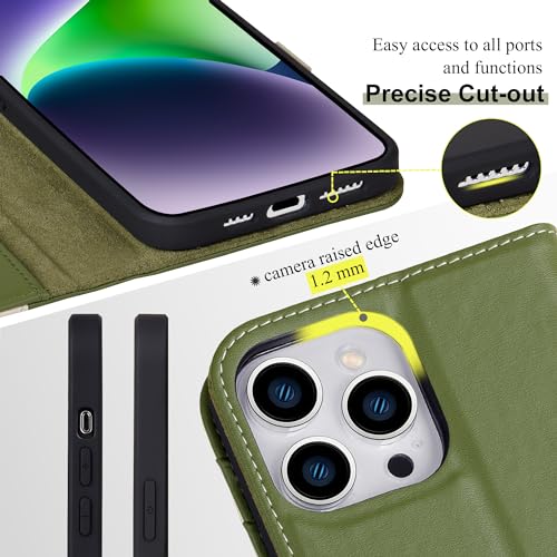 VISOUL Phone Case Wallet for iPhone 15 Pro Max with Card Holder, Genuine Leather Folio Case Cover with 2 Side Strong Magnetic Flaps Closure Designed for iPhone 15 Pro Max(6.7-inch)(Beige+Green)