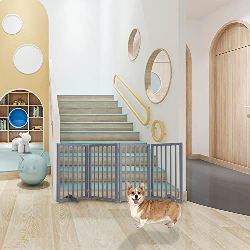 The Fellie Absperrgitter Hund, Freistehendes Schutzgitter mit Füßen, Kindergitter Klappbar, Holz Hundegitter Treppe, Treppenschutzgitter ohne Bohren, Absperrgitter für Häuser, Türöffnungen,H60cm,Grau