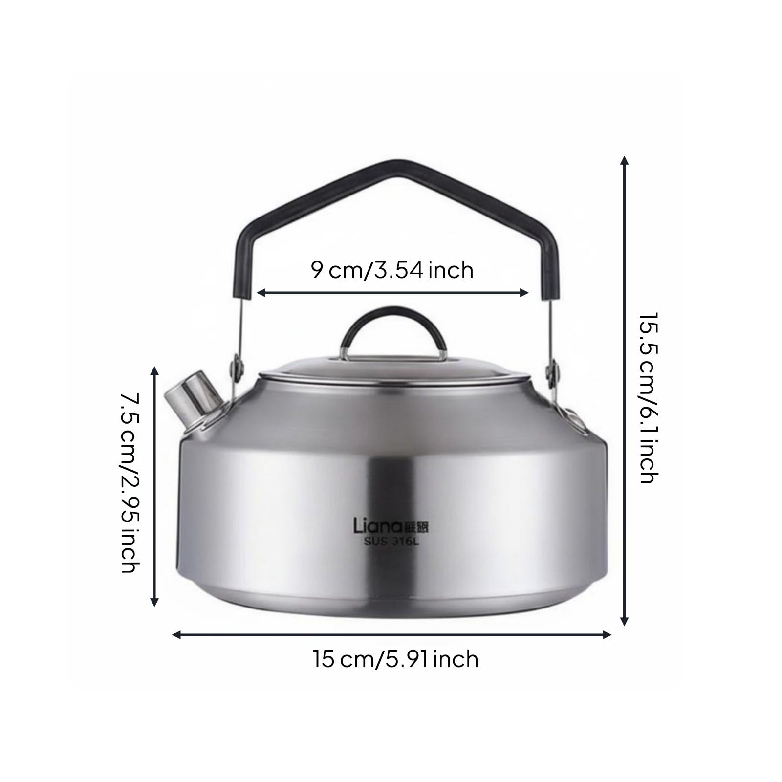 Bouilloire de Pique-nique avec Anse Résistante à la Chaleur Acier Inoxydable 316L Grande Ouverture Pratique Adaptée au Camping Randonnée Pique-nique Cuisine, 1000ML, size to 1