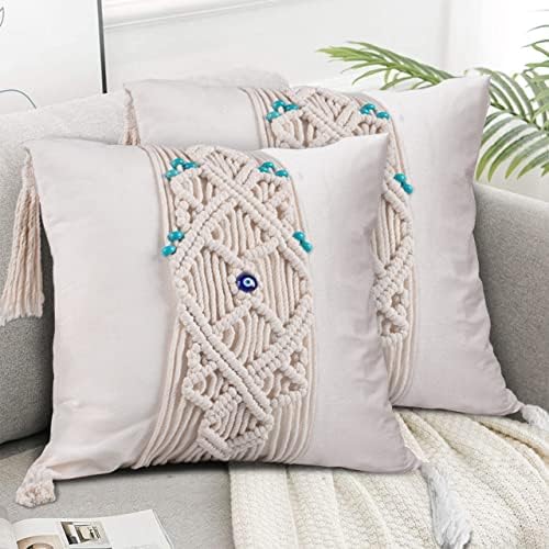 TURKUAZ LABEL 18x18 Boho Pillow Cover Set of 2 Macrame Pillow Cover | Evil Eye Pillow Cover for Evil Eye Decor & Good Luck Decor (Insert is Excluded)