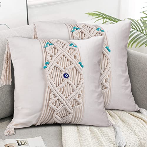 Turkuaz Label 18X18 Boho Pillow Cover Set Of 2 Macrame Pillow Cover | Evil Eye Pillow Cover For Evil Eye Decor & Good Luck Decor (Insert Is Excluded) #TOP2