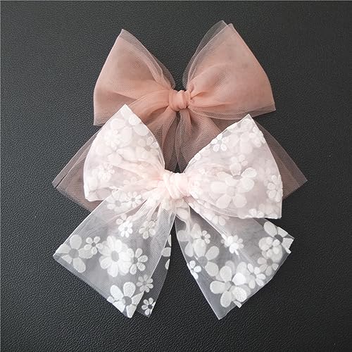 Sugarmelon Large Tulle Bow Hair Clips for Baby Girls Lace Hair Bow Teen Girls Women Lightweight Gauze Dress Bow Hair Barrettes Accessories (Pink and White Floral)