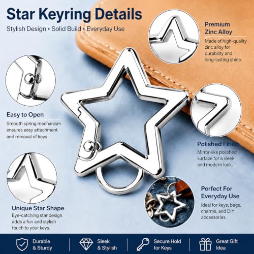 10Pcs Silver Star Carabiner Zinc Alloy Heavy Duty Star Shaped Keychain Clasp for Camping Hiking Fishing (Silver Five-Pointed Star with Ears) — view 4