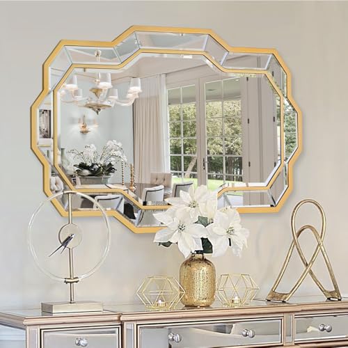 Autdot Gold Mirrors for Decor, 36''X24'' Large Wall Mirror with Beveled Glass, Modern Rectangle Mirror for Bathroom, Entryway, Dining Room, Bedroom, Fireplace