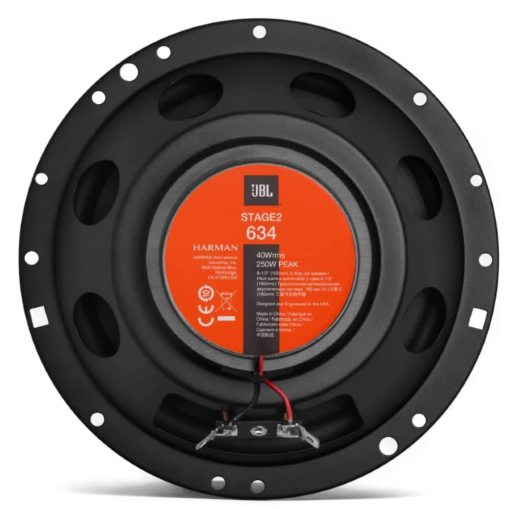 KIT Set pour JBL STAGE2 634 2 Enceintes coaxiales 3 Voies 6,5" 16,5 cm 165 mm 40 Watts rms 250 Watts Max impédance 4 ohm 91 DB pour Voitures Noir, Paire