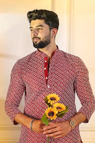 Image of LookMark Men's Printed Silk Blend Kurta with Mandarin Collar, Full Sleeves, Straight Fit Traditional Ethnic Wear