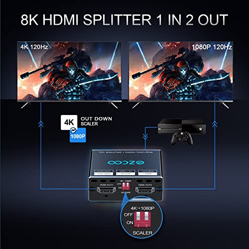 ROFAVEZCO 4K 120Hz HDMI 2.1 Splitter 8K 60Hz 1 in2 out VRR ALLM HDCP2.3 HDR10 8KUHD D-olby Vision Atmos Scaler 4K EDID 1080P Dual Monitors HDMI 2.1 Splitter 1X2 for PS5 SkyQ Xbox NVIDIA AMD - Image 3