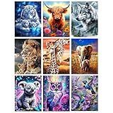 GJSZZO 9 Pack Diamond Painting Kits for Adults, Animal Diamond Art Kits for Beginners, 5D DIY Full Drill Lion Tiger Owl Wolf Diamond Arts Kits for Home Wall Decor Gifts 12x16 Inch