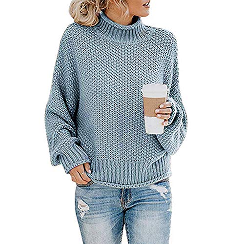CLOUSPO Pull Col Roulé Femme Manche Longue Casual Blouse Tunique Oversize Tops pour Printemps Automne Hiver (Bleu Clair, L) Cover
