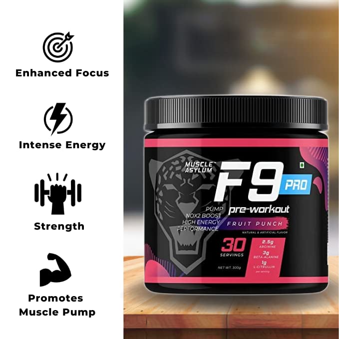 Image of Muscle Asylum F9 Pro Pre-Workout - 30 Servings,300 Gm (Fruit Punch)|Boosts Energy & Endurance|Improves Focus,Powder,1 Count