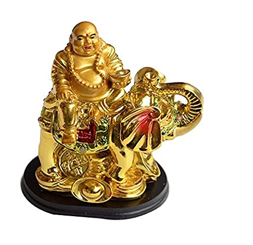 RJT Anoint India Fengshui Laughing Buddha Sitting On Elephant with Ingot Statue for Attracting Money Wealth Prosperity Financial Luck, Best for Gifting Decorative Showpiece - 10 cm