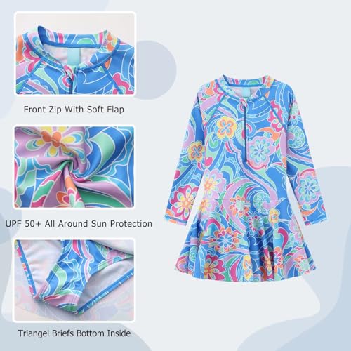 Image of Aisyee Girls One Piece Swimsuits Swim Dress for Girls Long Sleeve Rash Guard Bathing Suits Hawaiian Skirt Swimwear 3-16 Years