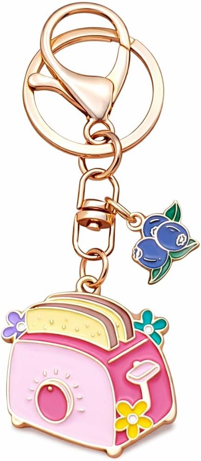 Food Keychain – Toaster Keychains Bag Charms for Women with Pink Toasters, Toast and Blueberry Decorations, Cute Key Chains Gifts for Girls, Friends, Family and Foodie Lovers