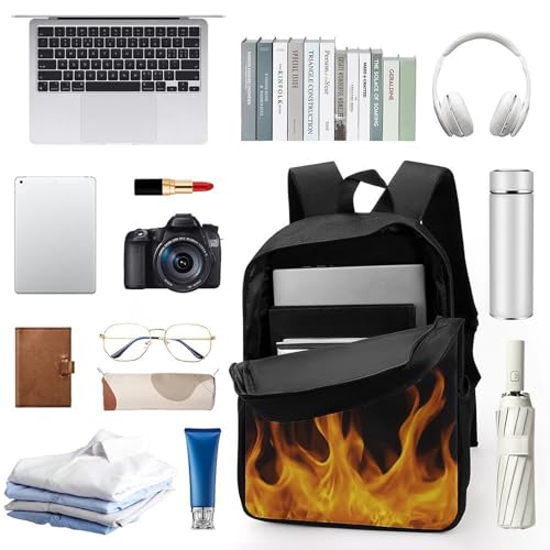 Adults Backpack for Women Men, Burning Fire Flame on Black Lightweight Spacious Travel Daypack, Reusable Outdoor Shoulder Bags for Hiking, Picnic3
