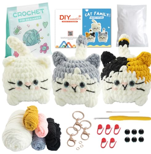 Linhao Jew Crochet Kit for Beginners – Knitting Kits Cute Animal Kitten Keychain with Pre-Started Easy Yarn, Step-by-Step Video Tutorials for Adults & Kids DIY Crafts (Kitten)