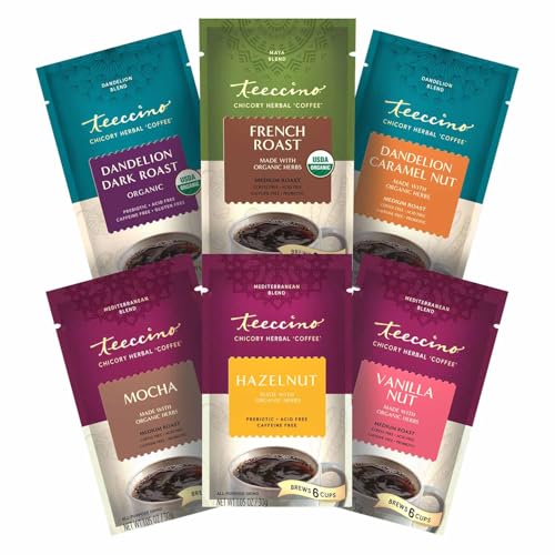 Teeccino Herbal Coffee Sampler - 6 x 30g Trial Size Chicory Coffee Alternatives - French Roast, Vanilla Nut, Hazelnut, Mocha, Maca Chocolate, Java – Prebiotic, Caffeine Free & Acid Free