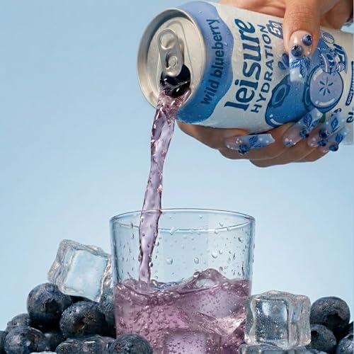 Image of Leisure Hydration Non-Carbonated Electrolyte Refresher, Wild Blueberry Flavor - Low Sugar Nutrient Enhanced Water Beverage - Get The Best Hydration Packed w / Magnesium & Ashwagandha For Mood & Stress Support, Non-GMO, 16 oz (12-Cans)
