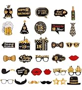 Auliuse 32PCS 18th Photo Booth Props Kit Birthday Party Supplies, Black Gold Party Photo Props Bi...