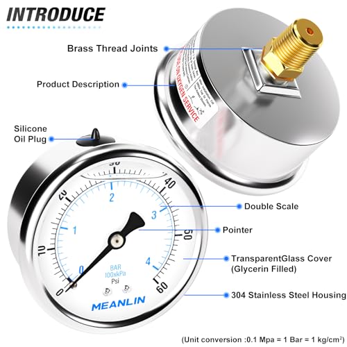 Image of MEANLIN MEASURE Stainless Steel 1 /4 inch NPT 2.5 inch FACE DIAL Liquid Filled Pressure Gauge WOG Water Oil Gas Center Back Mount(0~60Psi)