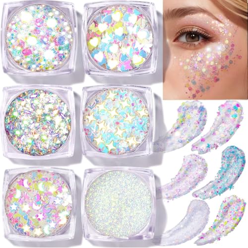 Festival Glitzer Gesicht, 6 Stück Body Glitter Gel Chunky Sequin Face Body Glitter Festival Zubehör Accessoires Gadget, Haar Glitzer Festival...